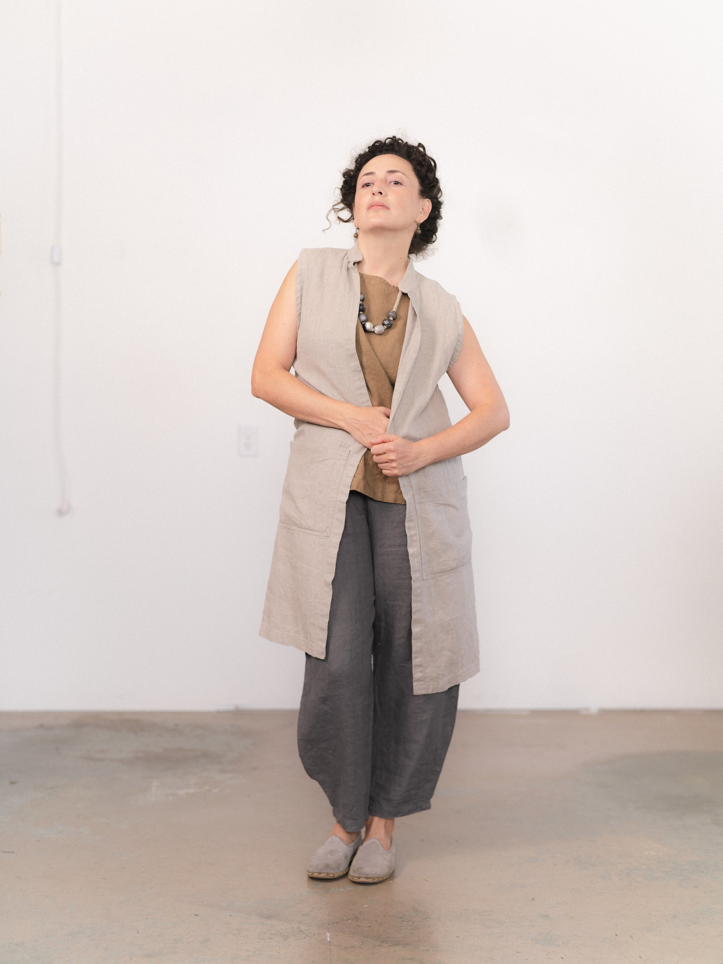 Edith Long Vest with Stand Collar — Moss Grey Atelier